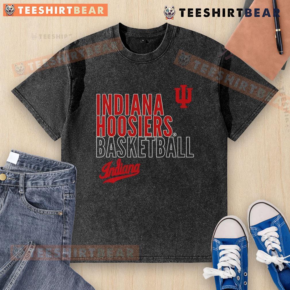 Top Indiana Hoosiers Basketball Text Logo Overlay Washed T Shirt Alt Text: Top Indiana Hoosiers basketball text logo overlay on a washed t-shirt, featuring a vintage style and team colors.