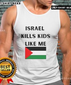 Young activist wearing 'Top Israel Kills Kids Like Me' tank top, advocating for children's rights and raising awareness.