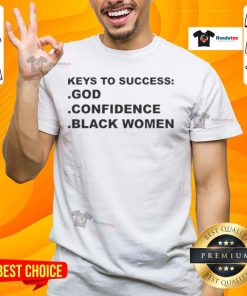 Black womens T-shirt featuring 'Top Keys To Success' design, celebrating God confidence and empowerment.