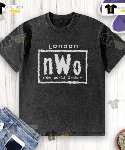Top London nWo New World Order washed t-shirt featuring iconic logo and vintage style, perfect for wrestling fans.