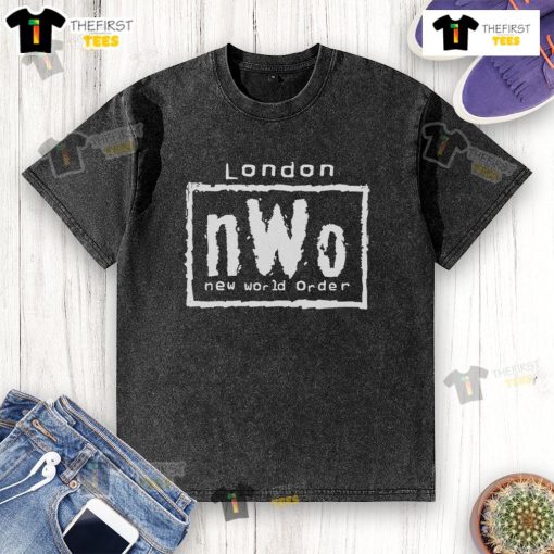 Top London nWo New World Order washed t-shirt featuring iconic logo and vintage style, perfect for wrestling fans.