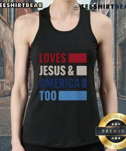 Bold tank top featuring 'Top Loves Jesus and America Too' design, perfect for expressing faith and patriotism.