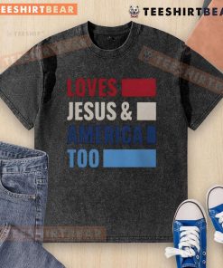 Top Loves Jesus and America Too Bold Washed T-Shirt featuring patriotic design and faith-inspired message.