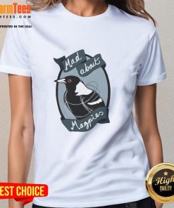 Top Mad About Magpies logo on a stylish ladies tee, perfect for fans of the Magpies and casual wear enthusiasts.