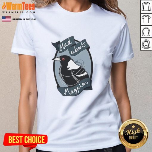 Top Mad About Magpies logo on a stylish ladies tee, perfect for fans of the Magpies and casual wear enthusiasts.