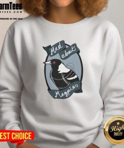 Alt Text: Stylish 'Top Mad About Magpies' logo sweatshirt featuring a bold design, perfect for fans and casual wear.