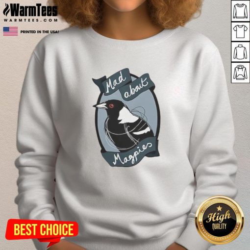 Alt Text: Stylish 'Top Mad About Magpies' logo sweatshirt featuring a bold design, perfect for fans and casual wear.