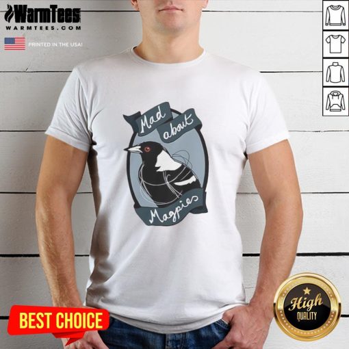 Alt Text: Top Mad About Magpies Logo T-Shirt featuring a vibrant design of a magpie, perfect for fans and bird lovers.