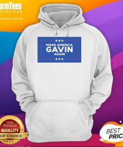 Gavin wearing a 'Top Make America Gavin Again' hoodie, showcasing a bold political statement in vibrant colors.