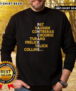 Top Milwaukee Pancakes sweatshirt featuring names like Pat Vaughn, Contreras, Chourio, Turang, Frelick, Yelich, and Collins.