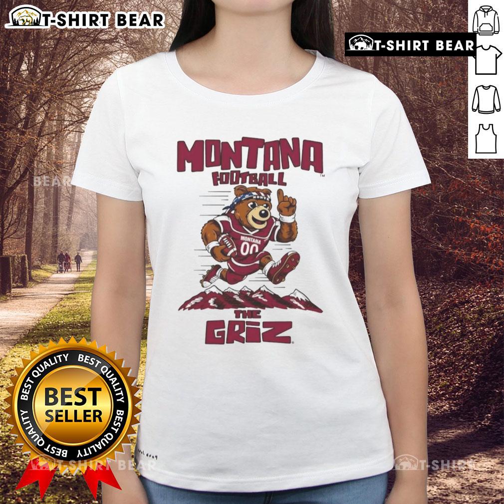 Top Montana Football The Griz Mascot Ladies Tee Montana Grizzlies mascot on a women's tee, showcasing school spirit and team pride in a stylish design.