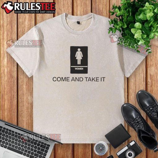 Alt Text: Top Nancy Mace wearing a 'Come and Take It' Congress washed t-shirt, showcasing her support for Second Amendment rights.
