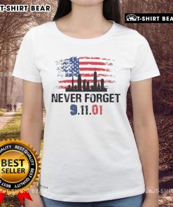 Top Never Forget 9/11/01 America Flag Ladies Tee showcasing patriotism and remembrance for September 11th.