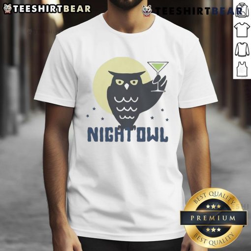 Top Night Owl Cocktail T-Shirt featuring a fun graphic design of a cocktail and owl, perfect for night owl enthusiasts.
