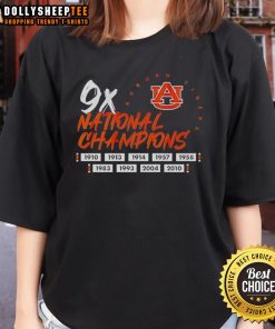 Alt Text: Auburn Tigers Football logo on a ladies tee celebrating their nine national championships. Perfect for fans!