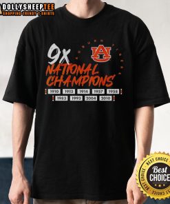 Alt Text: Auburn Tigers Football logo T-shirt celebrating their Top Nine Time National Champions status in college football.