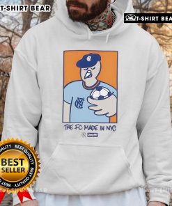 NYCFC Pigeon mascot wearing 'The FC Made In NYC' hoodie, showcasing team spirit and local pride.