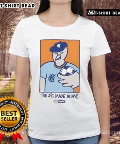 Top NYCFC Pigeon mascot featured on FC Made In NYC ladies tee, perfect for soccer fans and stylish casual wear.