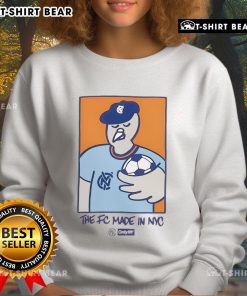 Top NYCFC Pigeon mascot wearing 'The FC Made In NYC' sweatshirt, showcasing team spirit and local pride.