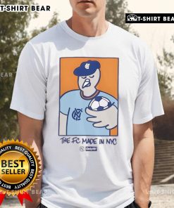 Alt Text: Top NYCFC Pigeon mascot wearing 'The FC Made in NYC' T-shirt, perfect for fans of New York City Football Club.