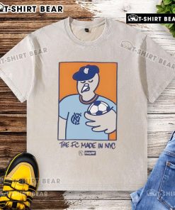 Top NYCFC pigeon mascot featuring 'Made In NYC' design on a washed t-shirt, perfect for fans of New York City FC.
