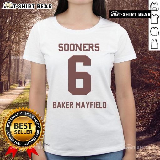 Top Oklahoma Sooners Football Baker Mayfield ladies tee featuring vibrant team colors and stylish design.