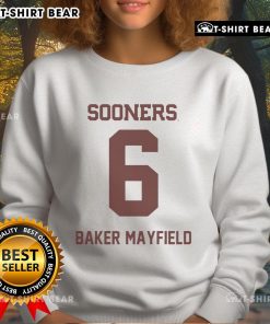 Top Oklahoma Sooners Football Baker Mayfield Sweatshirt in red, featuring team logo and player number.