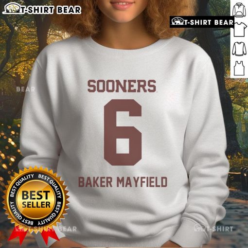 Top Oklahoma Sooners Football Baker Mayfield Sweatshirt in red, featuring team logo and player number.