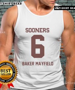 Alt Text: Top Oklahoma Sooners football Baker Mayfield tank top featuring team colors and iconic logo, perfect for fans.