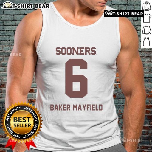 Alt Text: Top Oklahoma Sooners football Baker Mayfield tank top featuring team colors and iconic logo, perfect for fans.