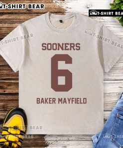 Alt Text: Top Oklahoma Sooners Football Baker Mayfield washed t-shirt, featuring a vintage design and team colors.
