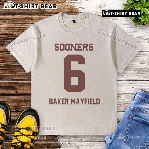 Alt Text: Top Oklahoma Sooners Football Baker Mayfield washed t-shirt, featuring a vintage design and team colors.
