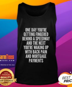 Person in a tank top waking up with back pain, reflecting on life and mortgage payments after a long day.