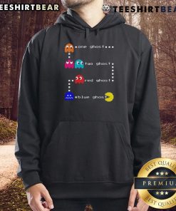 Alt Text: Top One Ghost Two Ghost hoodie featuring vibrant red and blue Pac-Man ghosts, perfect for gaming fans.