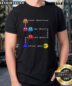 Top One Ghost Two Ghost T-Shirt featuring red and blue Pacman ghosts for retro gaming fans.