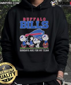 Top Peanuts characters on a Buffalo Bills NFL Sundays hoodie, perfect for game day fans and Peanuts enthusiasts.