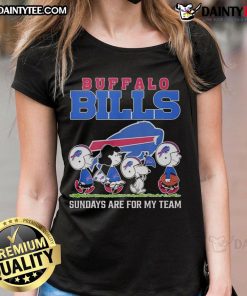 Top Peanuts characters on Buffalo Bills NFL Sundays ladies tee showcasing team spirit and fun fan apparel.