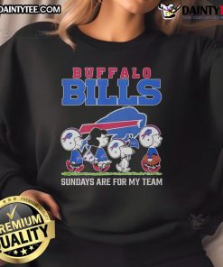Cozy sweatshirt featuring top Peanuts characters and Buffalo Bills logo, perfect for NFL Sundays and team spirit.