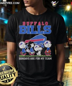 Top Peanuts Characters Buffalo Bills NFL Sundays Are For My Team T-Shirt featuring iconic cartoon characters and team logo.