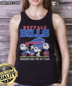 Top Peanuts characters on a tank top for NFL Sundays, supporting the Buffalo Bills - perfect for fans and game day.
