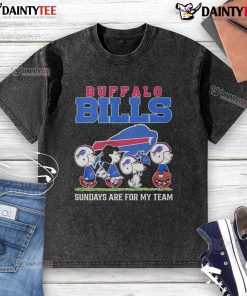 Top Peanuts characters on a Buffalo Bills NFL Sundays t-shirt, perfect for fans cheering for their team.