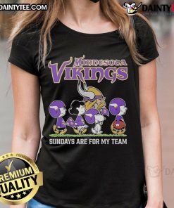 Top Peanuts characters in Minnesota Vikings NFL Ladies Tee for game day, celebrating Sundays are for my team.