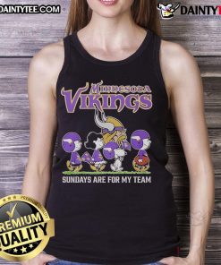 Top Peanuts characters in Minnesota Vikings gear on a tank top, perfect for NFL Sundays and cheering for my team.