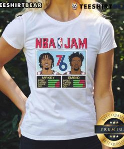 Top Philadelphia 76ers NBA Jam Maxey and Embiid ladies tee featuring vibrant team colors and stylish design.