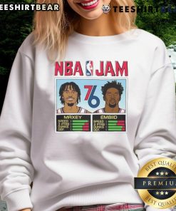 Top Philadelphia 76ers NBA Jam sweatshirt featuring Maxey and Embiid, perfect for fans looking to show team spirit.