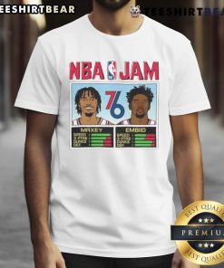 Alt Text: Top Philadelphia 76ers NBA Jam T-Shirt featuring Maxey and Embiid, perfect for basketball fans and team supporters.