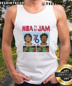 Alt Text: Top Philadelphia 76ers NBA Jam tank top featuring Maxey and Embiid, perfect for fans and summer style.