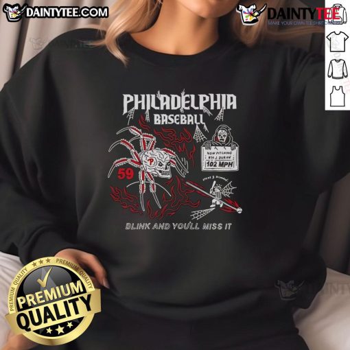 Alt Text: Cozy Top Philadelphia Baseball Halloween sweatshirt featuring a fun Blink And You'll Miss It design for fans.