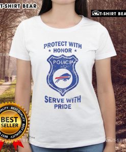 Alt Text: Buffalo Bills ladies tee featuring 'Protect With Honor, Serve With Pride' slogan, perfect for fans and team spirit.