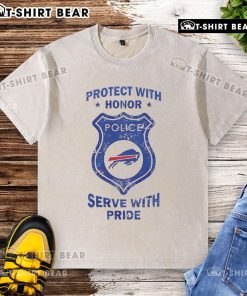 Buffalo Bills washed t-shirt featuring 'Protect With Honor, Serve With Pride' slogan, perfect for fans and game day wear.